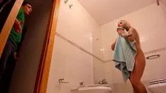 Play Spying on my blonde stepmom in the shower, she catches me fucking her and cumming on her face